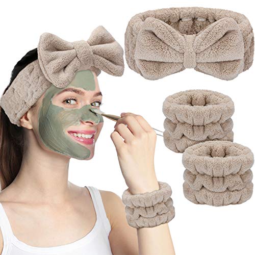 3 Pieces Spa Headband Wrist Washband Face Wash Set, Includes Microfiber Headband and 2 Pieces Wrist Washband, Facial Wash Spa Yoga Sports Headband Shower Hairband for Women Girls (Light Brown)