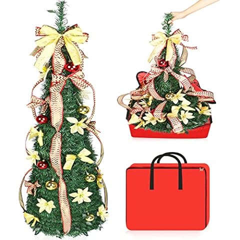 YHANEC Pop Up Decorated Christmas Tree, 5ft Collapsible Christmas Tree with hanging Ornaments, Pop-Up Slim Christmas Trees with Bows, Baubles, Ribbon for Holiday Xmas Decoration Cover