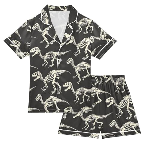 ALAZA Funny Dinosaur Skeleton Retro Pajamas Satin Pajama Set Short Sleeve Button Down Sleepwear