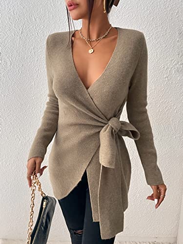 Makemechic Women's Long Sleeve V Neck Tie Side Wrap Sweater Top Knit Cardigan Khaki S #TOP5