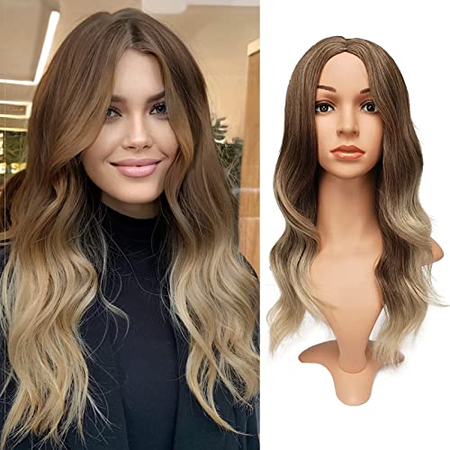 Feshfen Long Brown Blonde Balayage Wigs For Women 22 Inch Curly Wavy Highlights Full Wig Middle Parting Wigs Natural Looking Synthetic Wig For Daily Party #TOP30