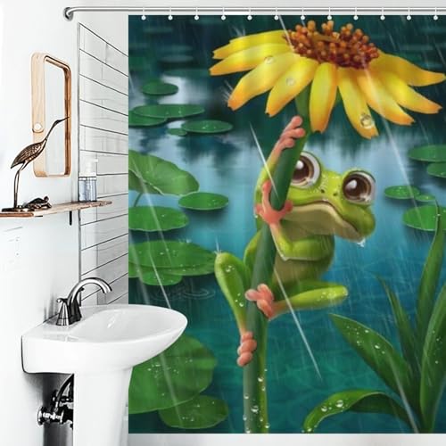 Rideau de douche grenouille imperméable en polyester lavable 140x183cm avec 12 crochets