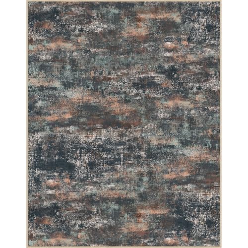 Area Rugs 10x14 for Living Room Bedroom, Modern Abstract Machine Washable Rug, Large Soft Low Pile Floor Cover with Non Slip Backing for Dining Room, Dark Blue Rust