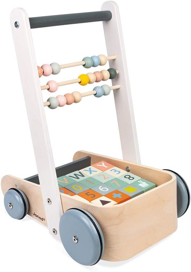 Janod Sweet Cocoon ABC Block Cart Push Toy with 20 ABC Blocks - Ages 1+ - J04408