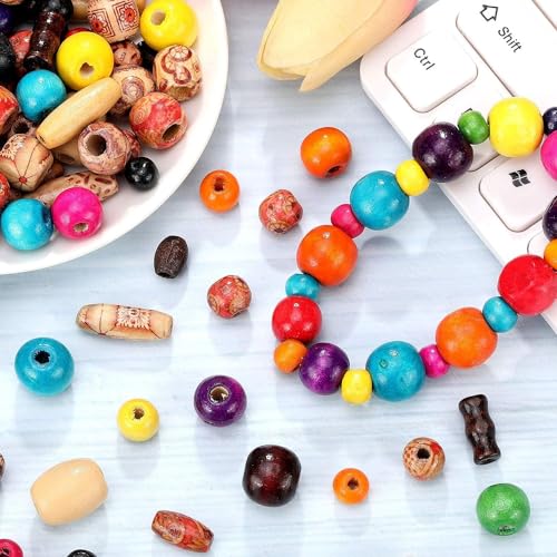 Image of DIY Crafts 260, Beads Set, Include Printed Wooden Beads Loose Wood Beads, Unssorted Natural Wooden & Plastic Bead and Rainbow Color Wooden Beads for Jewelry Making DIY Contain P (260)