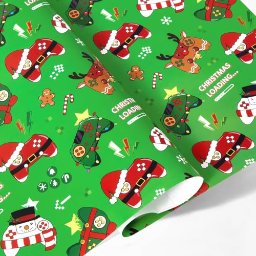 WERNNSAI Gaming Christmas Wrapping Paper Sheet Boys Green Xmas Gift Wrap