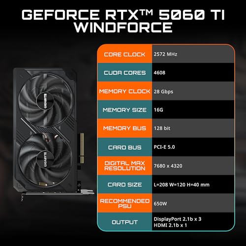 GIGABYTE GeForce RTX 5060 Ti WINDFORCE 16G Scheda grafica, 16GB 128-bit GDDR7, PCIe 5.0, sistema di raffreddamento WINDFORCE, scheda video GV-N506TWF2-16GD - Scheda video - Immagine 1