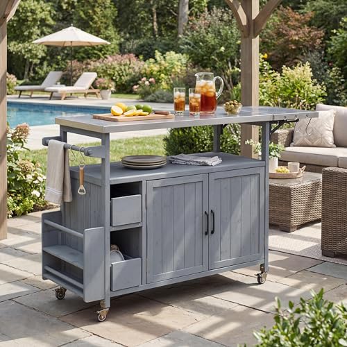 Christopher Knight Home Edsel Outdoor Bar Cart with Stainless Steel Top and Lockable Wheels, Solid Wood Outdoor Storage Cabinet, Kitchen Island Serving Cart for Poolside, Garden, Blue Gray by Christopher Knight Home - Image 7