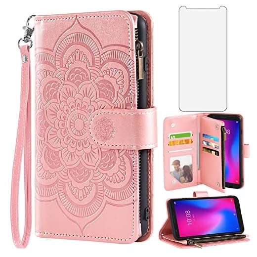 Asuwish Phone Case for ZTE Avid 579 Z5156CC Wallet Cover with Tempered Glass Screen Protector and Flower Leather Flip Credit Card Holder Stand Cell Accessories ZTE Blade A3 2020/A3 Joy Women Rose Gold