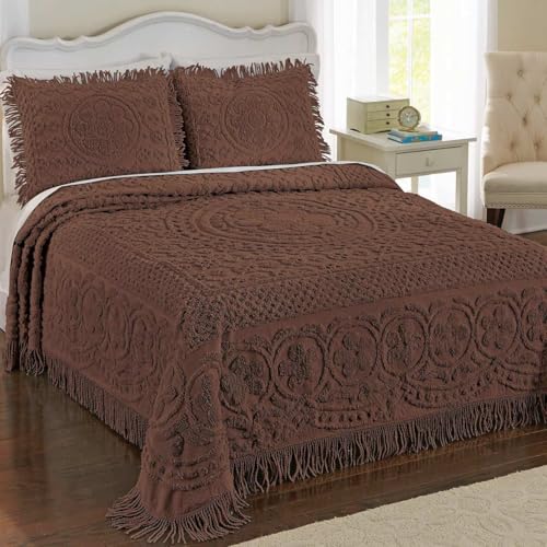 Image of Collections Etc Calista Chenille Lightweight Bedspread with Fringe Border, Chocolate, Queen