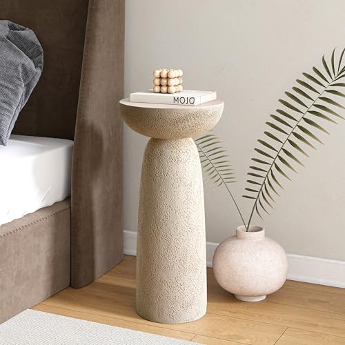 THKSHOUZ Pedestal Side Table, Modern Round Shape for Home Decor, Stone-Inspired with Hourglass Design, Beige Tall Sofa Side Table for Living Room or Patio, 24'' Tall