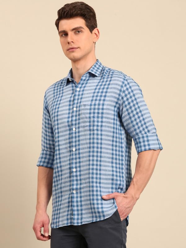 Image of Linen Club Men's Pure Linen Checked Contemporary Fit Full Sleeve Casual Shirt