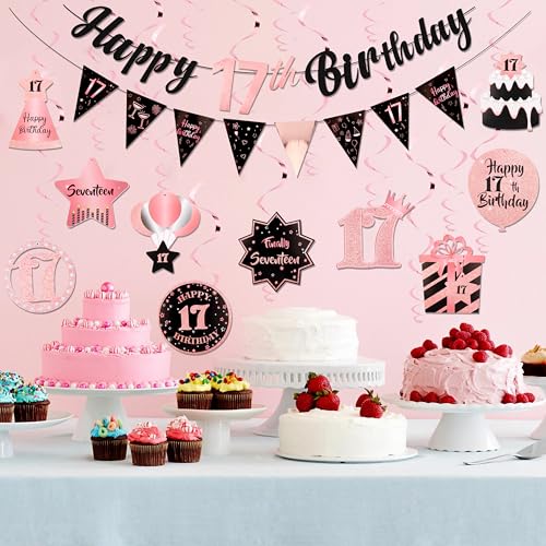 Image of 17th Birthday Decorations for Girls Rose Gold Pink Pre Assembled Happy Birthday Banner and Hanging Swirls 17 Years Old Party Decorations Supplies 17th Birthday Gifts for Girls
