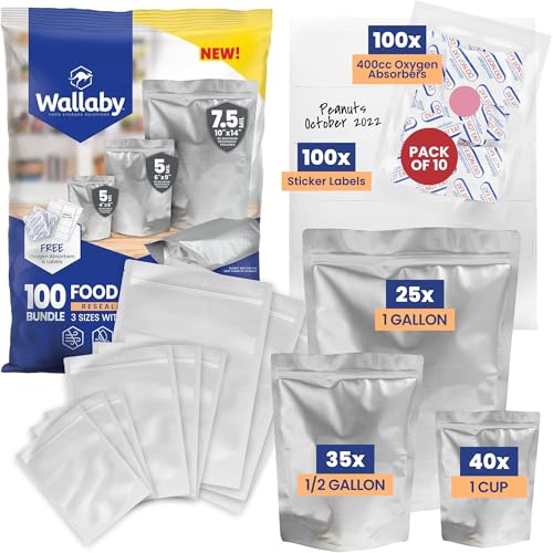 Wallaby Paquete de 100 bolsas de Mylar con fuelle - 100 absorbentes de oxígeno de 400 cc, 100 etiquetas - Sellables con calor y aptos para alimentos Plata Paquete de 100