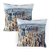 ABAKUHAUS Modern Kissenbezug Packung mit 2, Vogelperspektive von Manhattan-Skyline-hoher Wolkenkratzer-Geschäftszentrum USA-Landschaft, Dekorativer Gedruckter Kissenbezug, 80 x 80 cm, Blassblau Grau
