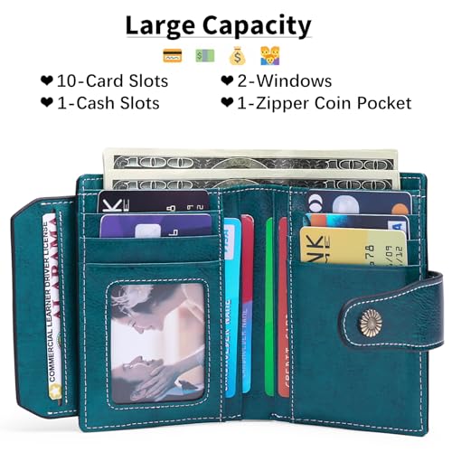 Image of Falan Mule Women's Wallet, Genuine Leather, Bifold, RFID Blocking, Peacock Blue, 10 Slots, 2 Windows, 1 Zipper Pocket, 2 Compartments