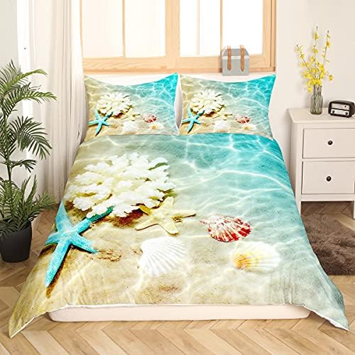 Ocean Comforter Cover Blue Beach Bedding Coastal Nature Theme Boys Girls Bedding Sets Modern Sea Starfish Shell Print Bedspread Cover for Kids Teen Room Decor Bed Quilt Cover with Zipper (Beach, Full)
