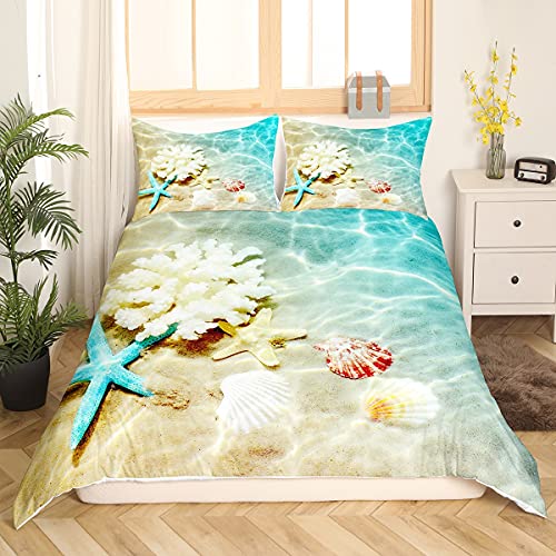 Ocean Comforter Cover Blue Beach Bedding Coastal Nature Theme Boys Girls Bedding Sets Modern Sea Starfish Shell Print Bedspread Cover For Kids Teen Room Decor Bed Quilt Cover With Zipper (Beach, Full) #TOP10