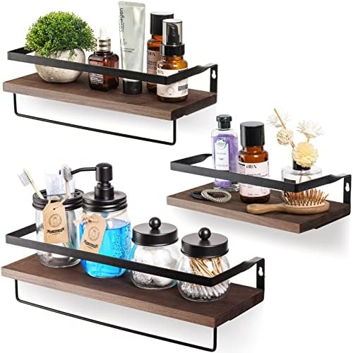 3 Set PRE-Installed Floating Bathroom Shelves with Towel Bars, Wall Mounted Storage Wood Shelf, Rustic Decor Accessories for Bathroom, Kitchen, Bedroom, Office, Over Toilet – Brown