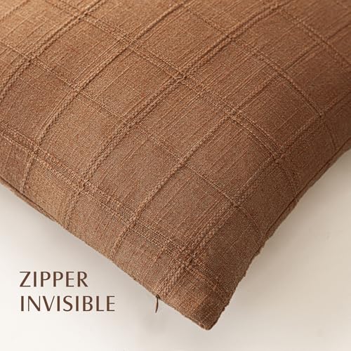 Image of Foindtower Set of 1 Decorative Linen Check Throw Pillow Cover Neutral Farmhouse Vintage Cushion Cover Modern Boho Home Decor for Sofa Chair Couch Bedroom Living Room,22x22 Inch,Orange