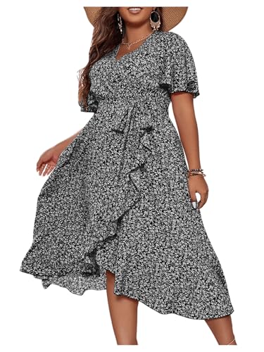 Image of Floerns Women's Plus Size Boho Flutter Short Sleeve Ruffle Hem A Line Midi Dress