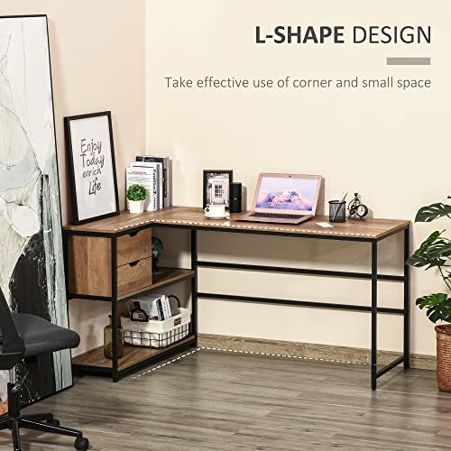 Image of L Shaped Home Offie Computer Desk with Storage Shelves, 2 Dawers and Industrial Steel e, Black,Brown