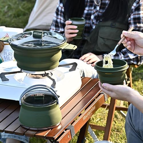 Set di pentole da campeggio all'aperto, set di pentole pieghevoli portatili con manico in silicone anti-scottatura e bocca filtrante per escursioni e viaggi set 7