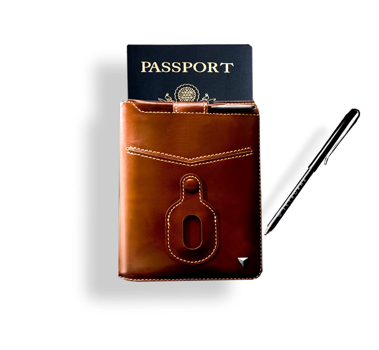 iTravel MINI Wallet Trackable Anti-Theft Passport Holder With Magnetic Pull Tab- Neck Passport Wallet for Unisex -Passport Protector - Boarding Pass Holder (Golden Brown Calf)
