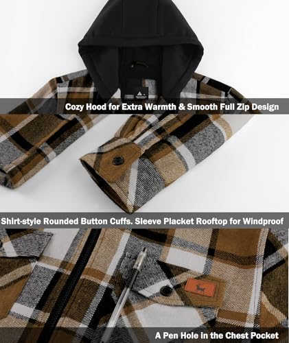 Image of V VALANCH Men's Flannel Shirt Jacket with Hood Fleece Lined Plaid Jacket Zip Up Winter Warm Coat
