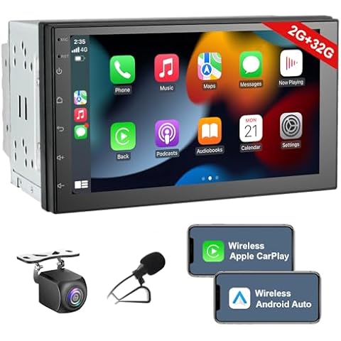 7In Double Din Car Stereo Wireless CarPlay Wireless Android Auto, Android 2+32G Touchscreen Car Radio Head Unit with Bluetooth, DSP, WiFi,Rearview Backup Camera Cover