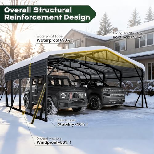 Image of Jocoevol 20x20FT Heavy Duty Metal Carport, Outdoor Car Garage with Support Rods & Windproof Ground Anchors, All-Season Versatile Canopy Tent for 2 Car, Boats, Truck