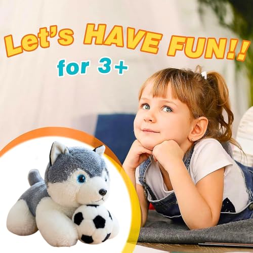 Image of Tickles Cute Husky Dog with Football Soft Stuffed Plush Animal Sports Theme Toy for Kids Boys & Girls Birthday Gifts (Size: 28 cm Color: White & Grey)