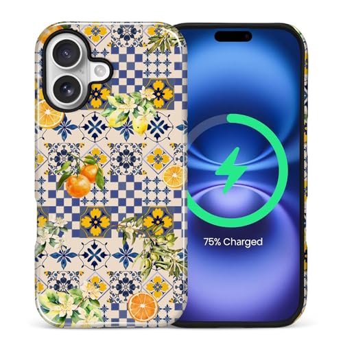 artslion for iPhone 17 Case for Women Girl Men Boy, Compatible with MagSafe, Shockproof Soft Silicone & Hard PC Shell Protective Case for iPhone 17 - Lemons Oranges On Mediterranean Tiles