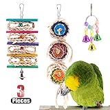 Hilitchi Lot de 3 jouets pour oiseaux, cloches, boules en rotin et ficelle torsadée pour perroquets, perruches, conures, calopsittes, mynas, inséparables, petites cages à perruches