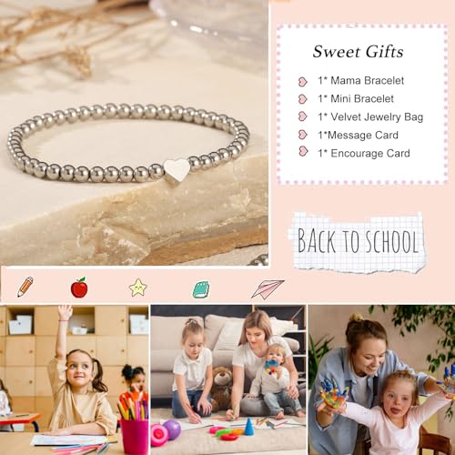 Image of 2Pcs First Day of Kindergarten Preschool Bracelets for Mommy and Me, Matching Heart Beaded Bracelets for Mother Daughter