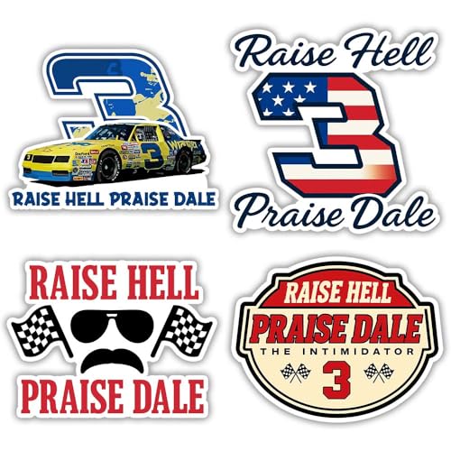 Image of SODAVA [4Pcs, 3 inchx3 inch] Raise Hell Praise Dale Stickers, Dale Racer Car Sticker, Number 3 Racing Waterproof Vinyl Decal, Gifts for Hard Hat, Car, Laptop, Helmet, Notebook, Cooler