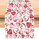 Linen Pink Watercolor Heart Valentines Day Table Runner 72 Inches Long Sweetest Day Wedding Annivers