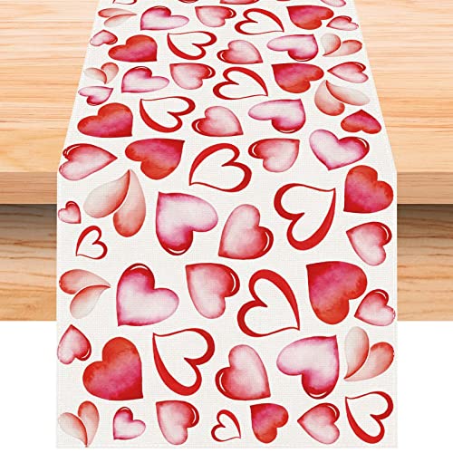 Jiudungs LYN-1183-A Linen Pink Watercolor Heart Valentines Day Table Runner 72 Inches Long Sweetest Day Wedding Anniversary Home Kitchen Dining Room Table Decoration cover