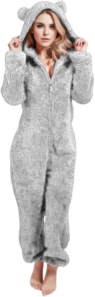 Womens Sherpa Lined Jumpsuit Fleece Pajamas Jumpsuit Winter Warm Lounge Romper One Piece Zipper Hooded Sleepwear