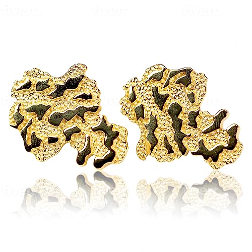 Men's Large 14k Yellow Gold Plated 925 Sterling Silver Retro 90's Hip Hop Hypoallergenic Ear Ring Textured Solid Gold Big Nugget Stud Screw Back Earrings For Men