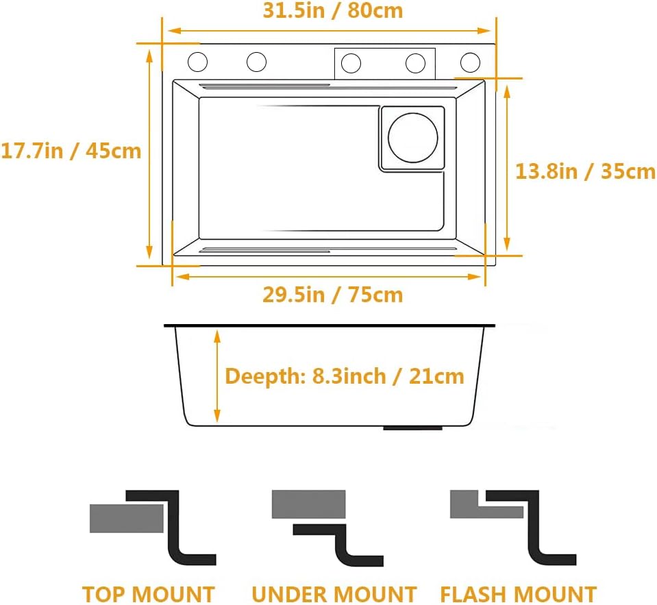ARTLINE Black Single Bowl Kitchen Sink, Stainless Steel Waterfall Sink, Bar Sink with Cup Washer Sinks, Drop-In/Undermount Farmhouse Workstation Sink with Multiple Accessories (31.5 x 17.7in)