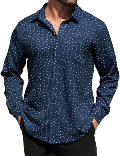 Hardaddy Men's Pattern Long Sleeve Button Down Graphic Printed Business Casual Dress Shirts with Pocket Navy Blue S