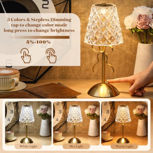 Image of Liliful 2 Pcs Cordless Table Lamp Rechargeable Touch LED Small Gold Portable Battery Operated USB-c Desk Lamp 3 Color Dimmable for Bedroom Living Room Dining (Gold,Diamond Style Bow)