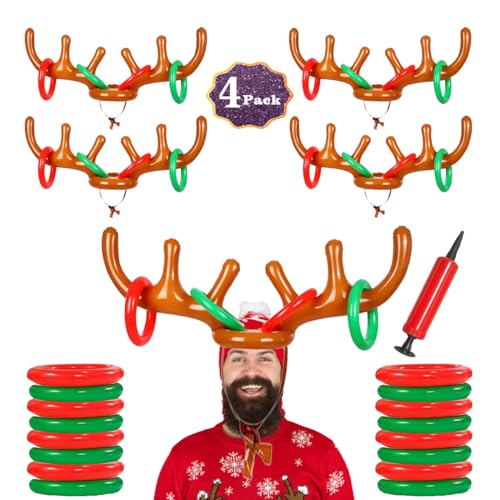 4 Pack Inflatable Reindeer Antler Ring Toss Game (4 Antlers 16 Rings) Reindeer Antler Hat Ring Toss for Xmas Party 2025 Great Christmas Games for Families