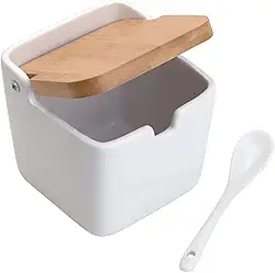 LYOR - Saleiro de Mesa de Cerâmica com Tampa de Bambu e Colher Bianco 11cm x 10,5cm