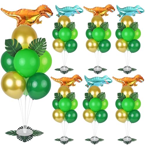 Image of 6 Sets Jungle Safari Balloon Stand Kit for Table Gold Green Balloons Dinosaur Party Tables Centerpiece with Palm Leaves for Animal Wild One Birthday Baby Shower St Patricks Day Party Supplies