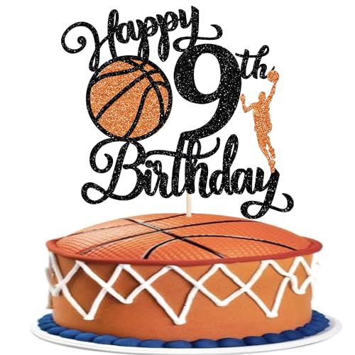 Rsstarxi 1 Pack Happy 9th Birthday Cake Topper Black Glitter Basketball Sports Cake Pick Cheers to 9 Years Cake Decorations for Basketball Theme Birthday Party Supplies