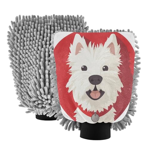 STAYTOP Cute White Dog Car Wash Mitt Microfiber, 2Pcs Scratch Free Lint-Free, Premium Chenille Microfiber Mitt Car Wash Brush-M