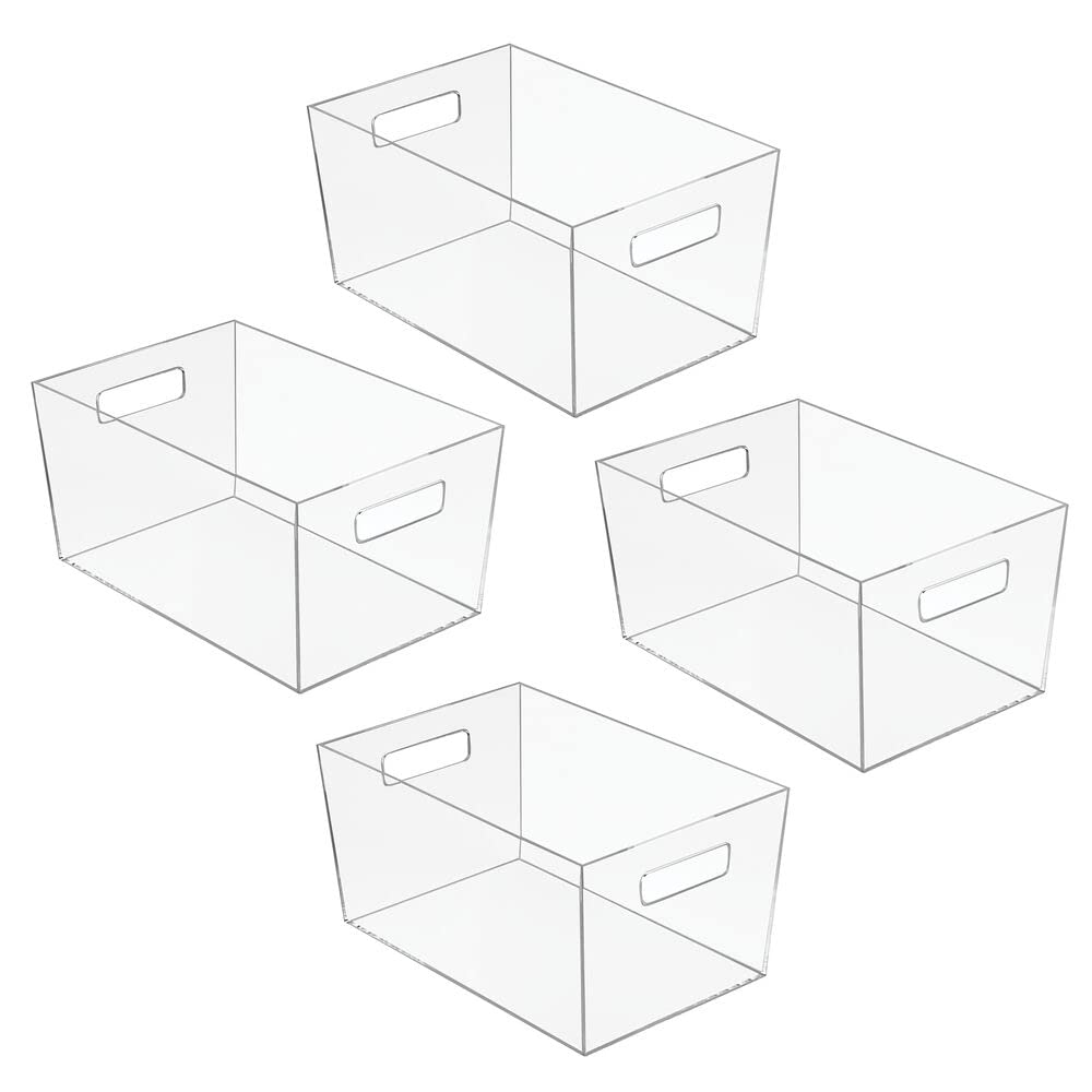 mDesign 4er-Set Ablagebox mit integrierten Griffen – große Aufbewahrungsbox für Make-up, Handtücher, Seifen und Shampoo – ideal zur Kosmetikaufbewahrung im Bad – durchsichtig