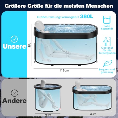 acetek 380L große ovale Eisbad Tonne für Athleten, mehrschichtige tragbare kalte Eisbad Badewann im Freien für Erholung, kalte Ice Bath tub für Mobile Eisbäder 115cm für für Outdoor den Innen